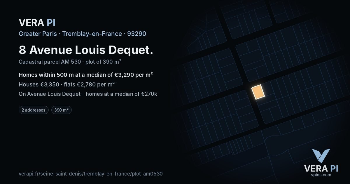 8 Avenue Louis Dequet, Tremblay-en-France at night – the plot lit, the parcels around coloured by the prices near them