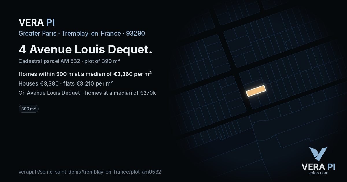 4 Avenue Louis Dequet, Tremblay-en-France at night – the plot lit, the parcels around coloured by the prices near them