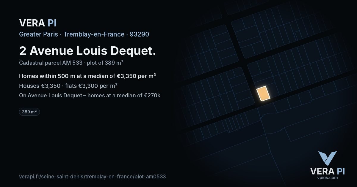 2 Avenue Louis Dequet, Tremblay-en-France at night – the plot lit, the parcels around coloured by the prices near them