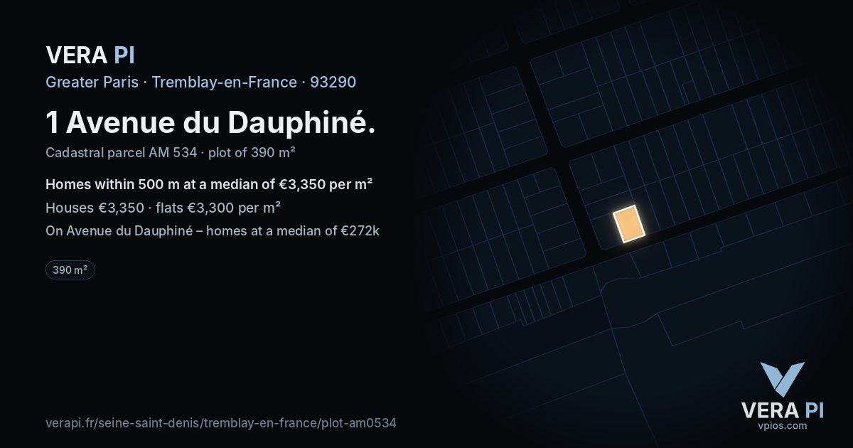 1 Avenue du Dauphiné, Tremblay-en-France at night – the plot lit, the parcels around coloured by the prices near them