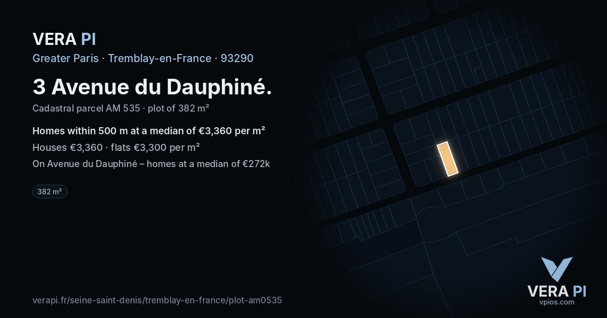 3 Avenue du Dauphiné, Tremblay-en-France at night – the plot lit, the parcels around coloured by the prices near them