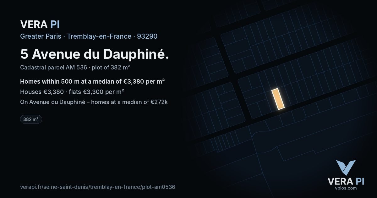 5 Avenue du Dauphiné, Tremblay-en-France at night – the plot lit, the parcels around coloured by the prices near them