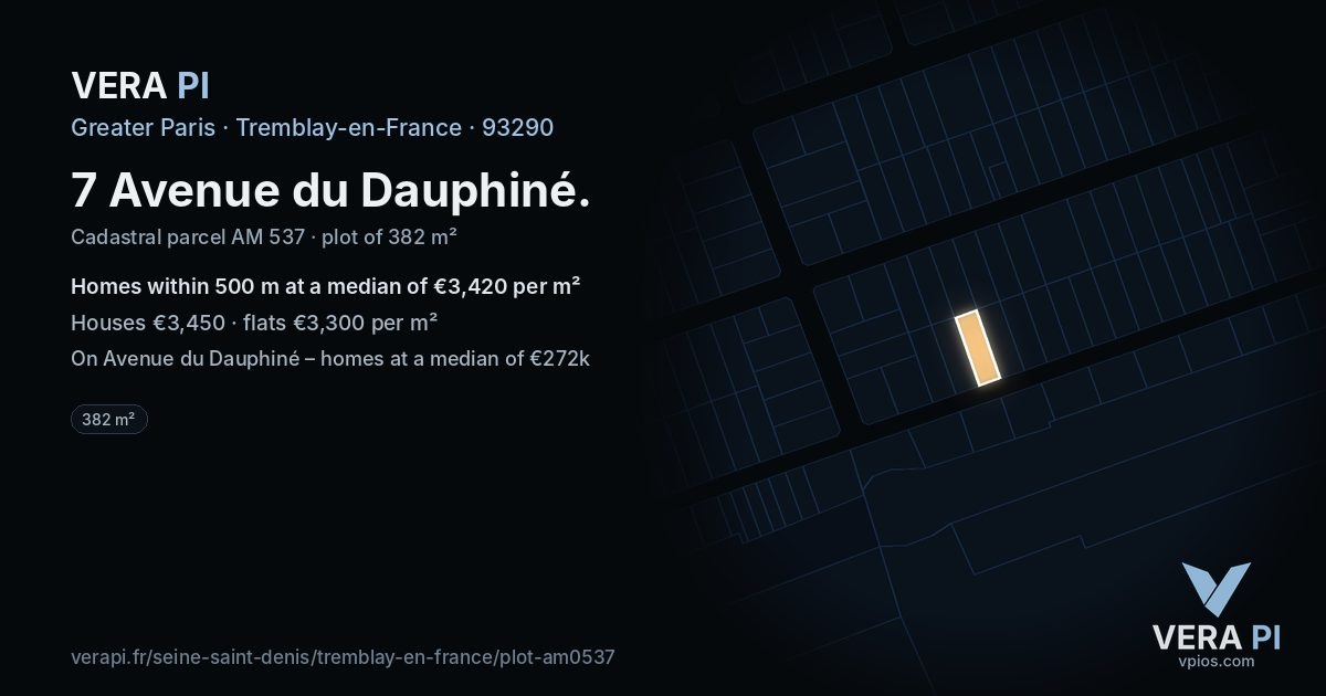 7 Avenue du Dauphiné, Tremblay-en-France at night – the plot lit, the parcels around coloured by the prices near them