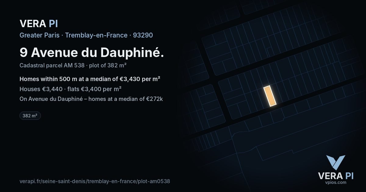 9 Avenue du Dauphiné, Tremblay-en-France at night – the plot lit, the parcels around coloured by the prices near them