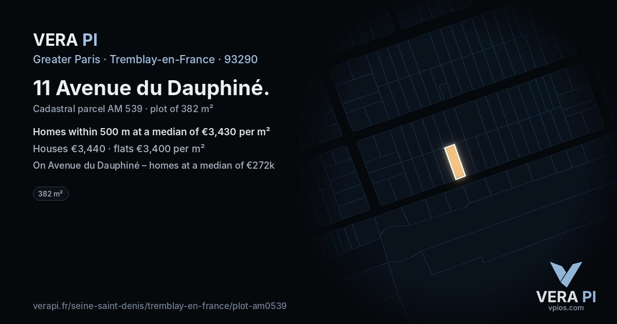 11 Avenue du Dauphiné, Tremblay-en-France at night – the plot lit, the parcels around coloured by the prices near them