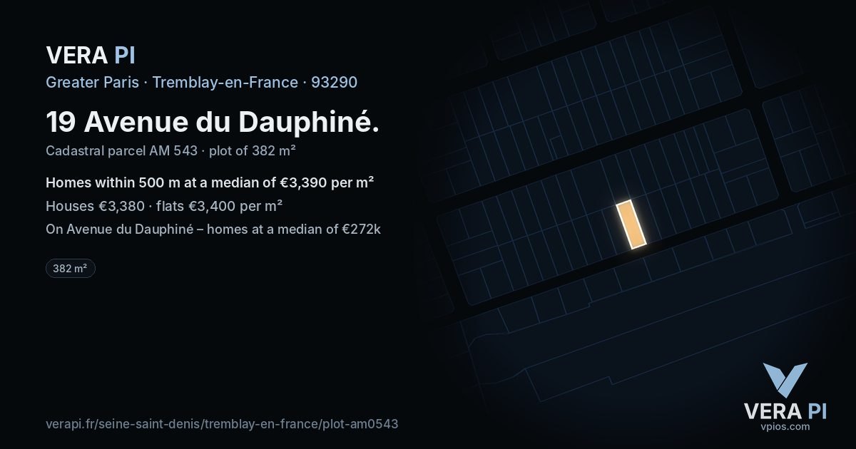 19 Avenue du Dauphiné, Tremblay-en-France at night – the plot lit, the parcels around coloured by the prices near them