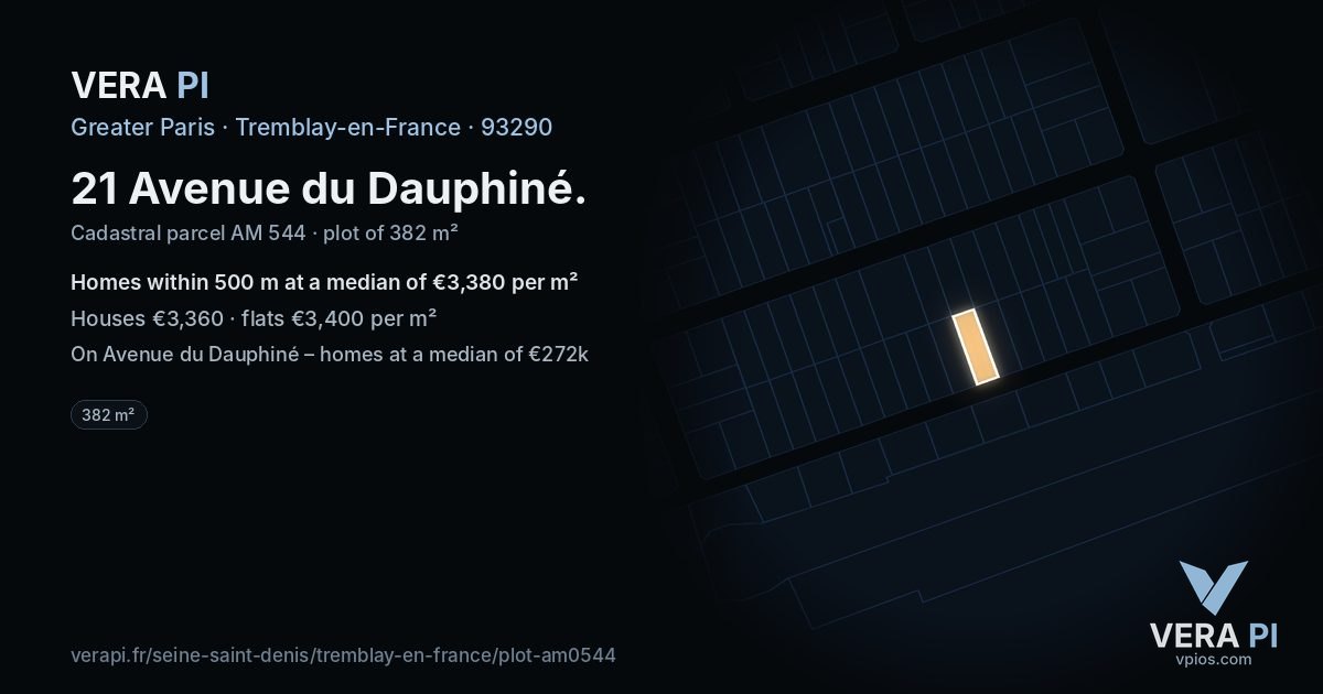 21 Avenue du Dauphiné, Tremblay-en-France at night – the plot lit, the parcels around coloured by the prices near them