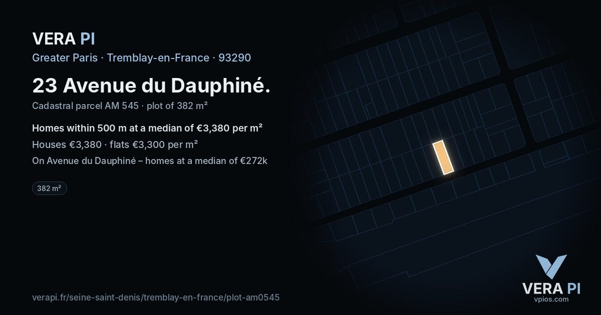 23 Avenue du Dauphiné, Tremblay-en-France at night – the plot lit, the parcels around coloured by the prices near them