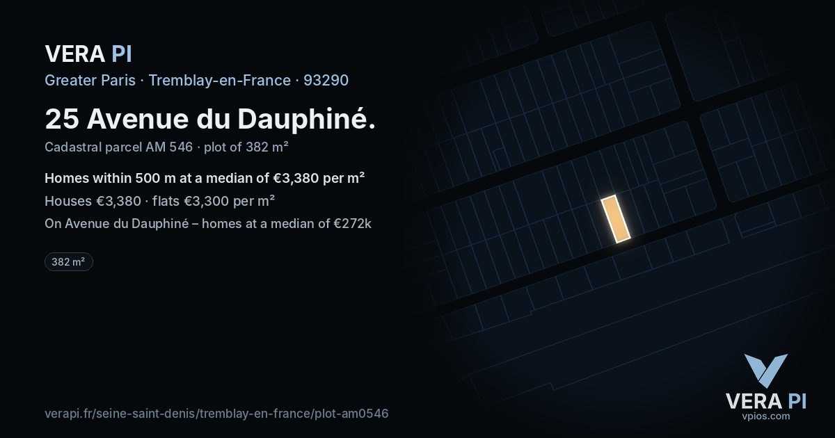 25 Avenue du Dauphiné, Tremblay-en-France at night – the plot lit, the parcels around coloured by the prices near them