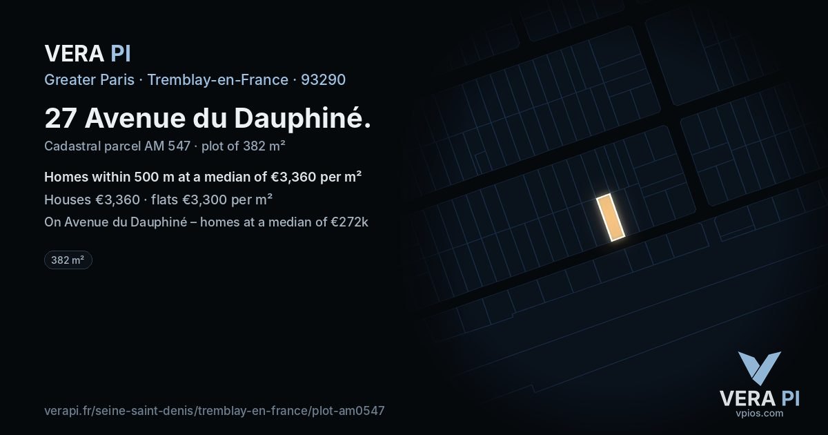 27 Avenue du Dauphiné, Tremblay-en-France at night – the plot lit, the parcels around coloured by the prices near them