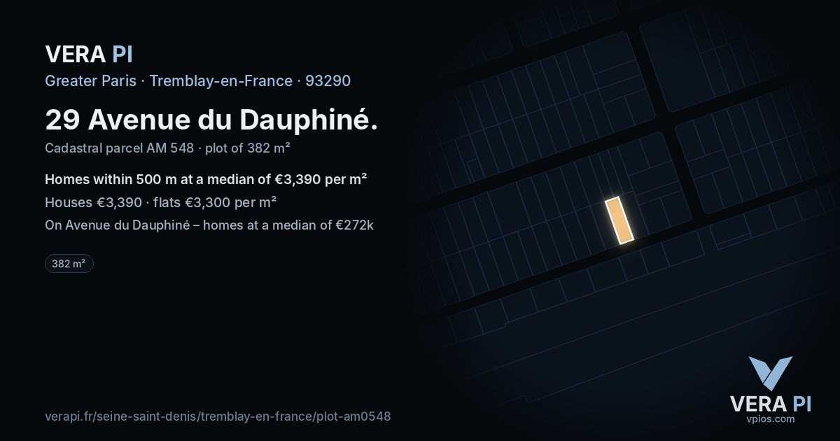 29 Avenue du Dauphiné, Tremblay-en-France at night – the plot lit, the parcels around coloured by the prices near them