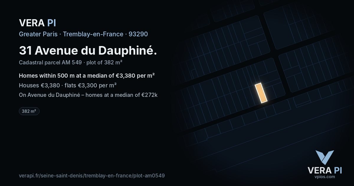 31 Avenue du Dauphiné, Tremblay-en-France at night – the plot lit, the parcels around coloured by the prices near them