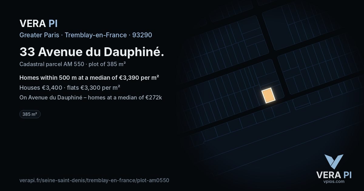 33 Avenue du Dauphiné, Tremblay-en-France at night – the plot lit, the parcels around coloured by the prices near them
