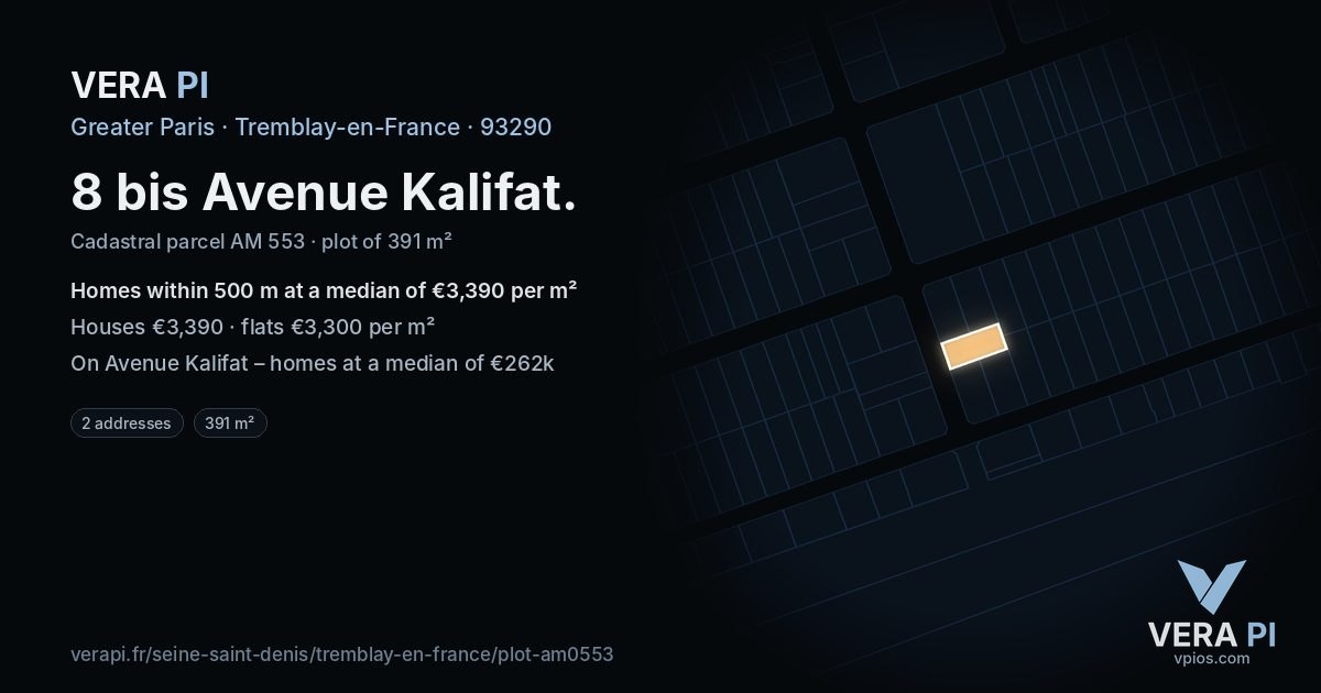 8 bis Avenue Kalifat, Tremblay-en-France at night – the plot lit, the parcels around coloured by the prices near them