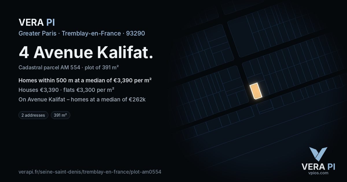 4 Avenue Kalifat, Tremblay-en-France at night – the plot lit, the parcels around coloured by the prices near them