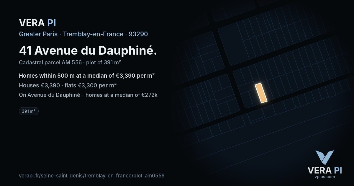 41 Avenue du Dauphiné, Tremblay-en-France at night – the plot lit, the parcels around coloured by the prices near them
