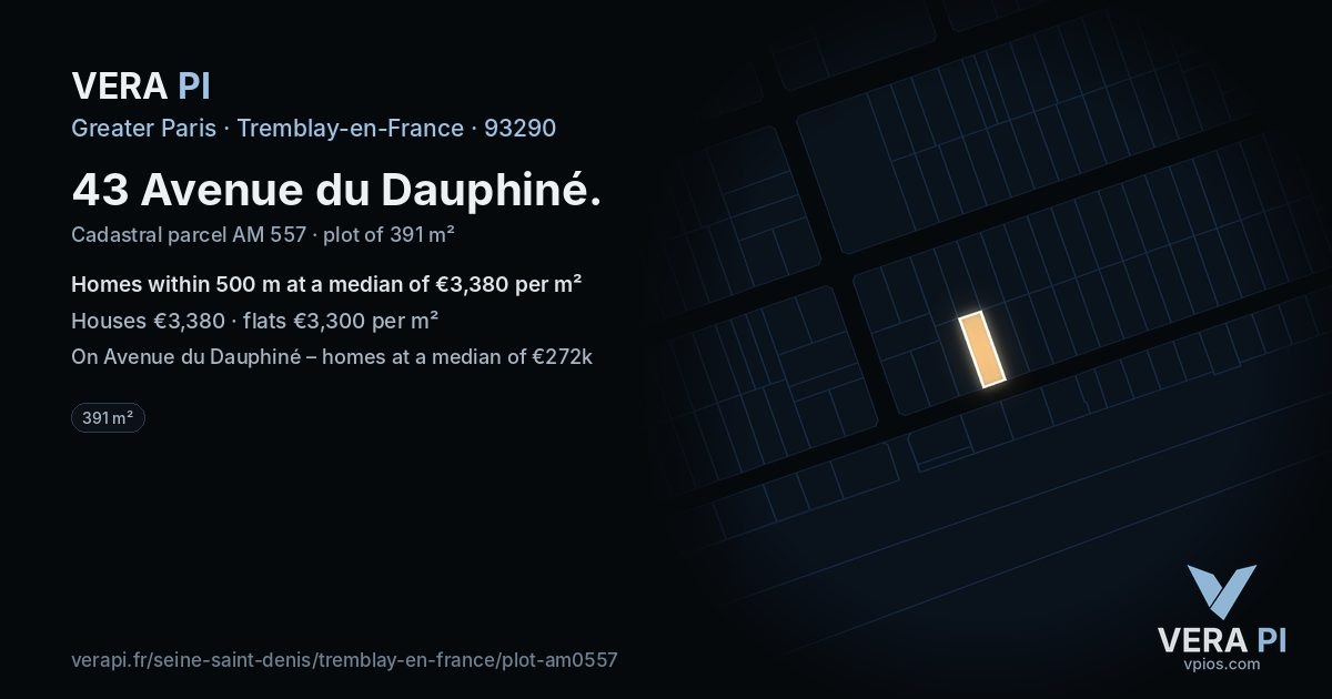 43 Avenue du Dauphiné, Tremblay-en-France at night – the plot lit, the parcels around coloured by the prices near them