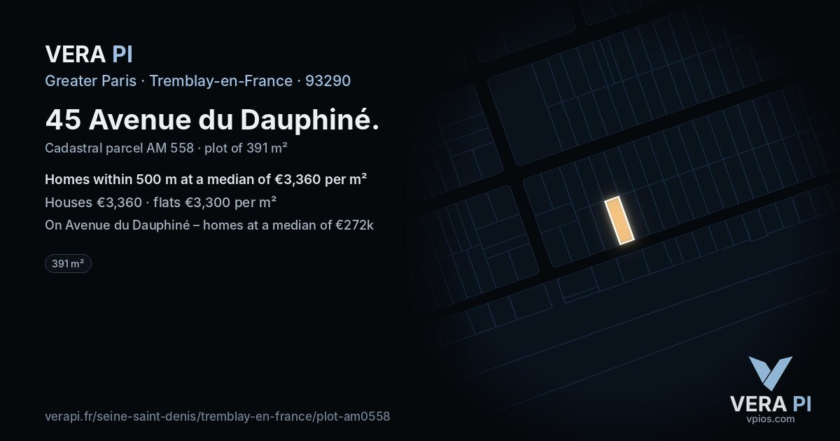 45 Avenue du Dauphiné, Tremblay-en-France at night – the plot lit, the parcels around coloured by the prices near them