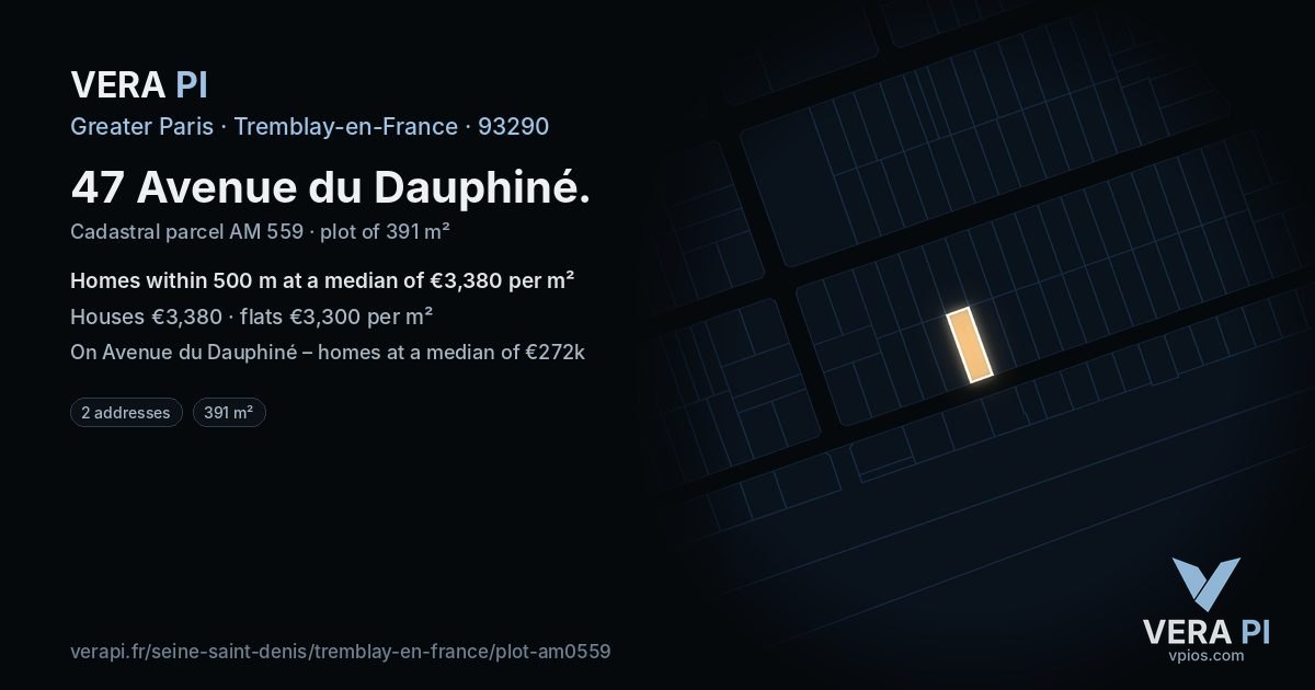 47 Avenue du Dauphiné, Tremblay-en-France at night – the plot lit, the parcels around coloured by the prices near them