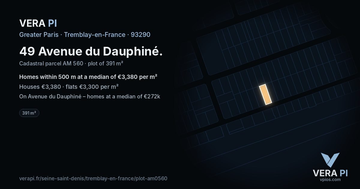 49 Avenue du Dauphiné, Tremblay-en-France at night – the plot lit, the parcels around coloured by the prices near them