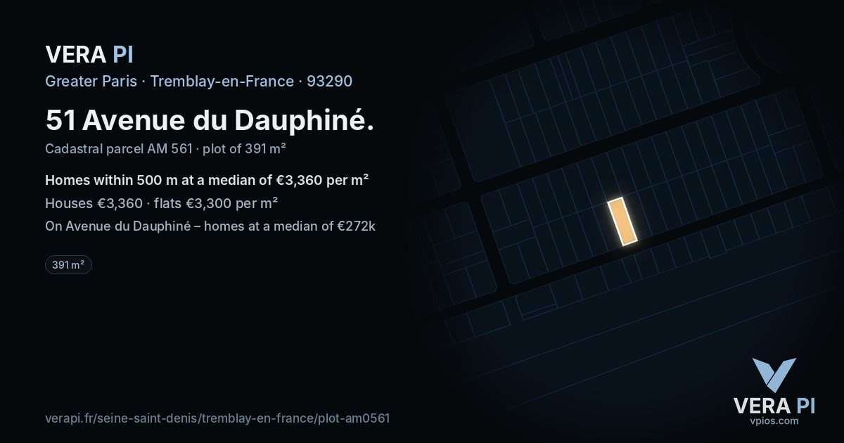 51 Avenue du Dauphiné, Tremblay-en-France at night – the plot lit, the parcels around coloured by the prices near them