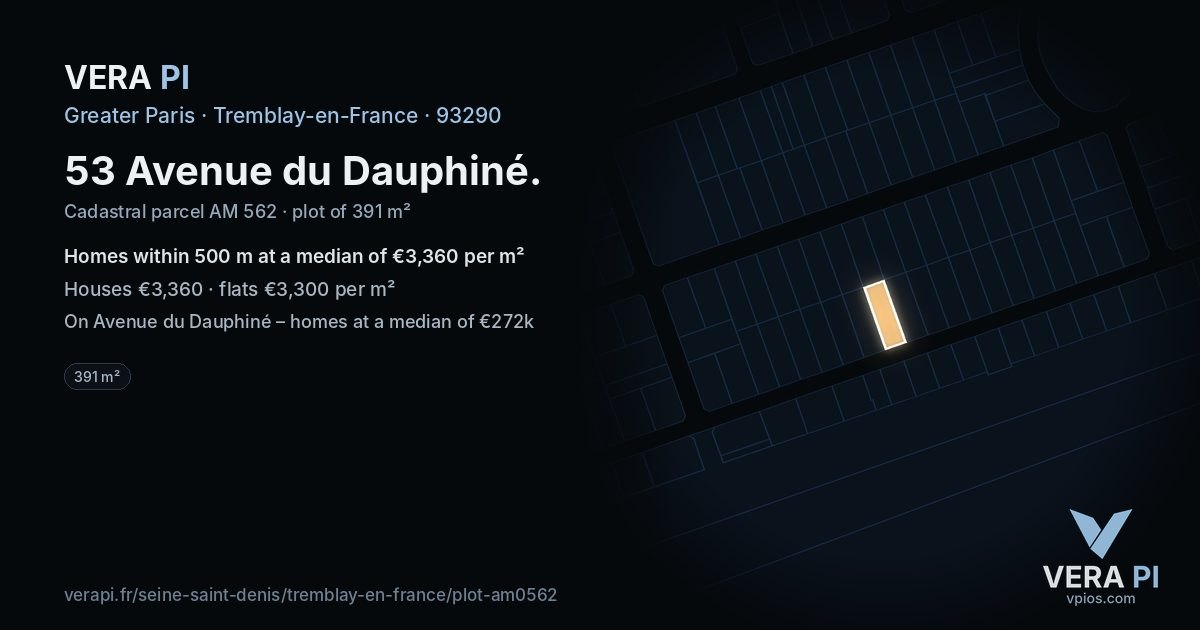 53 Avenue du Dauphiné, Tremblay-en-France at night – the plot lit, the parcels around coloured by the prices near them