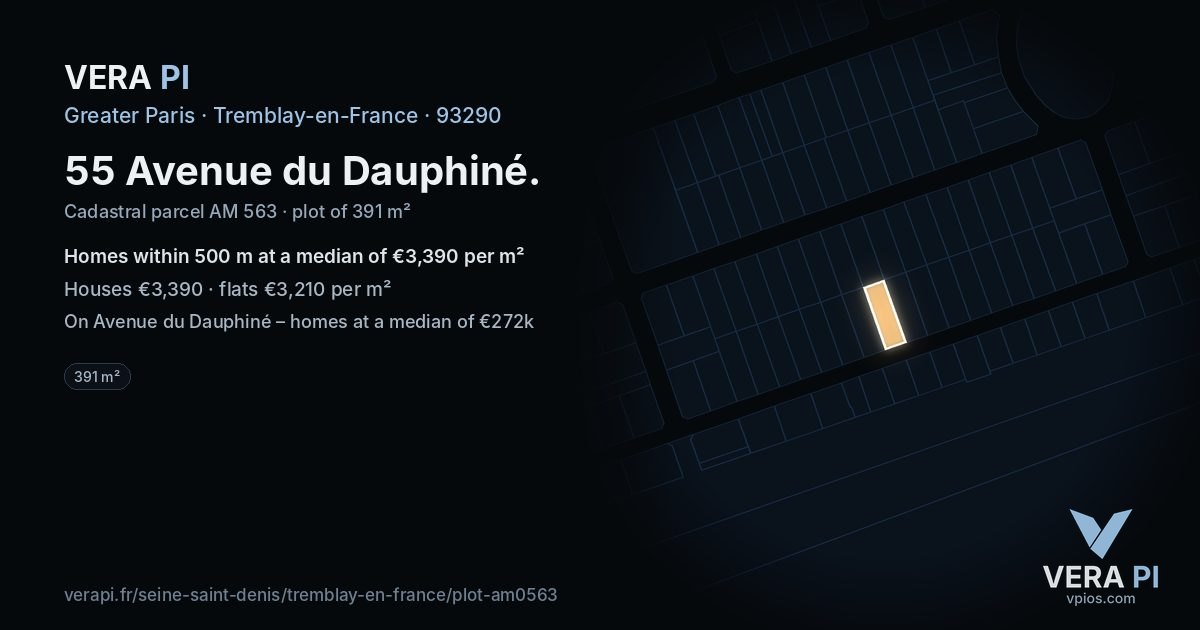55 Avenue du Dauphiné, Tremblay-en-France at night – the plot lit, the parcels around coloured by the prices near them