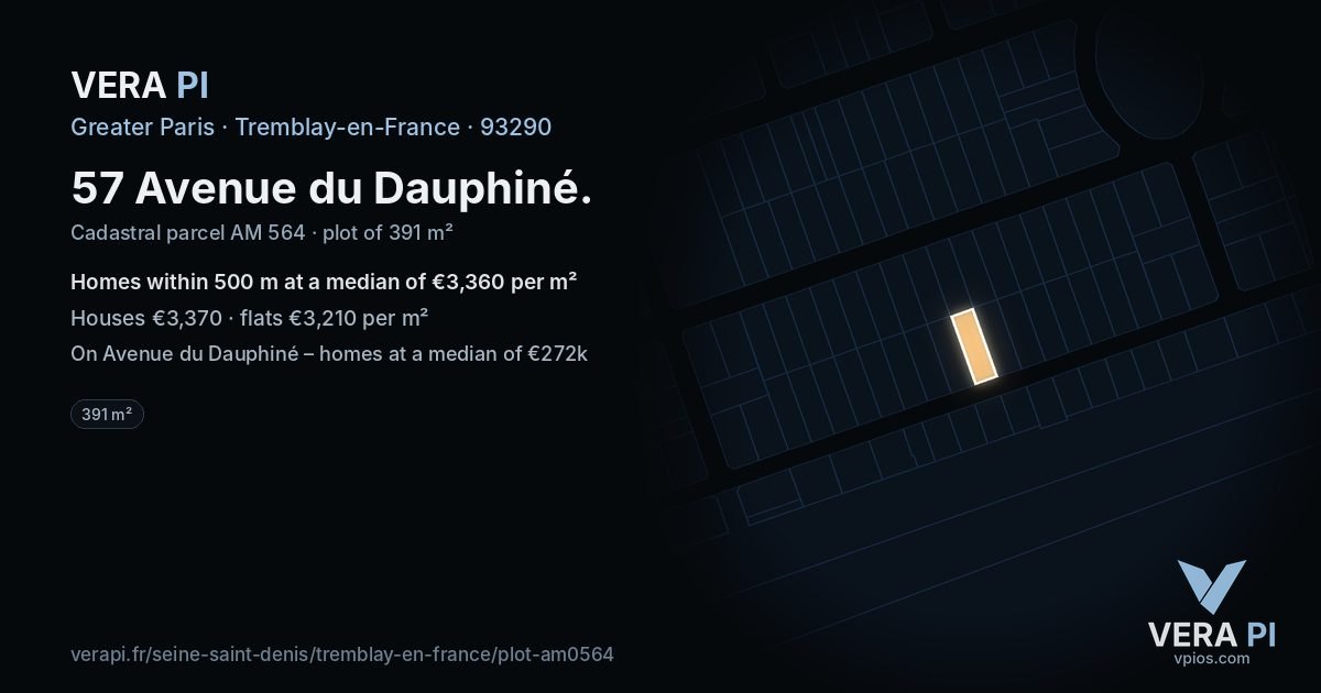 57 Avenue du Dauphiné, Tremblay-en-France at night – the plot lit, the parcels around coloured by the prices near them