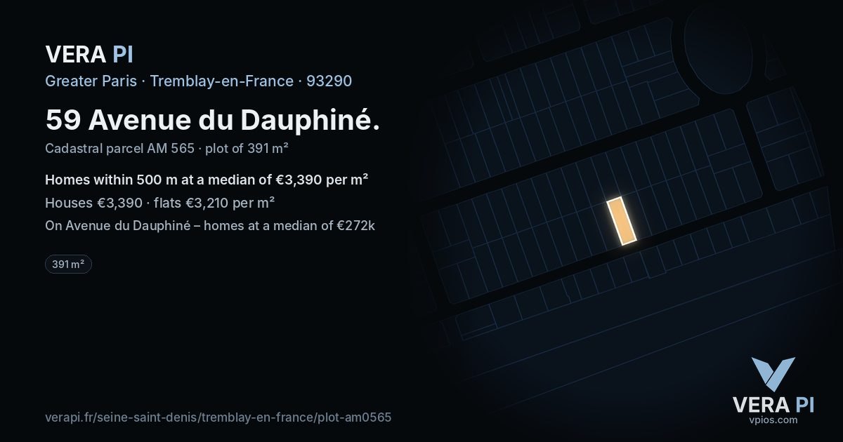 59 Avenue du Dauphiné, Tremblay-en-France at night – the plot lit, the parcels around coloured by the prices near them
