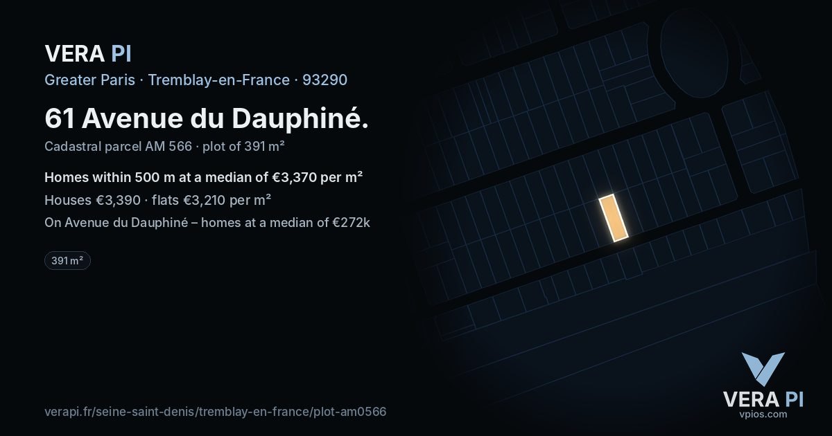 61 Avenue du Dauphiné, Tremblay-en-France at night – the plot lit, the parcels around coloured by the prices near them