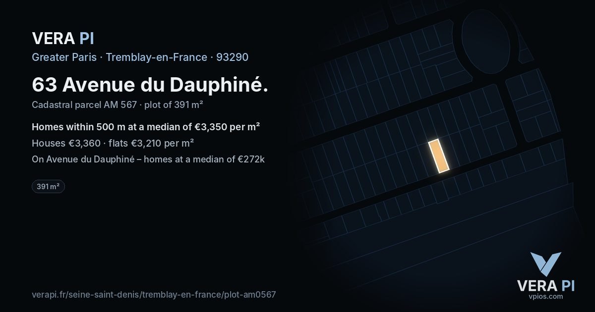 63 Avenue du Dauphiné, Tremblay-en-France at night – the plot lit, the parcels around coloured by the prices near them