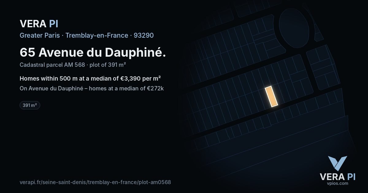 65 Avenue du Dauphiné, Tremblay-en-France at night – the plot lit, the parcels around coloured by the prices near them