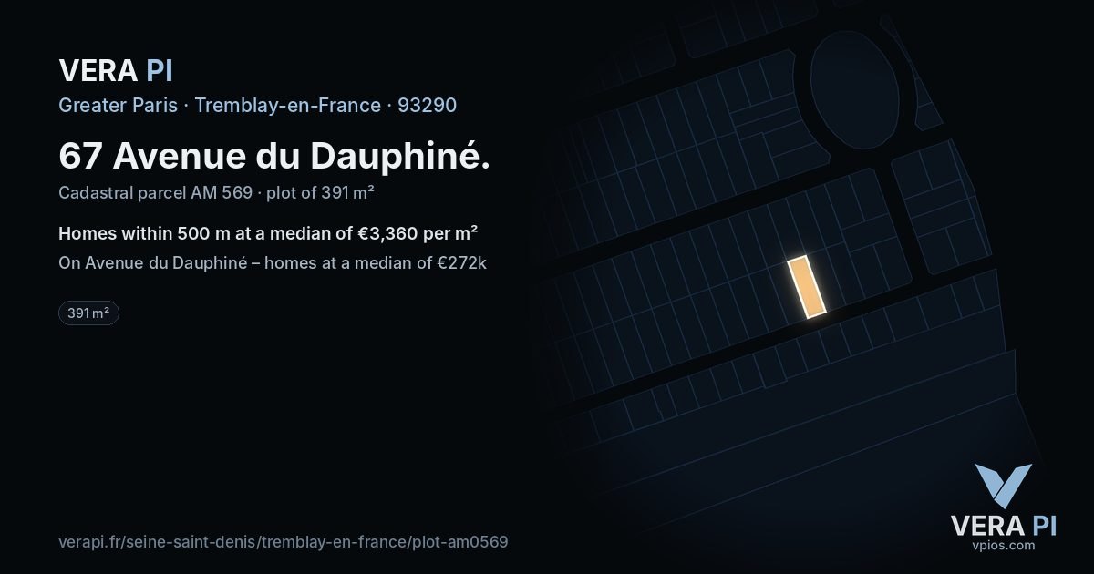 67 Avenue du Dauphiné, Tremblay-en-France at night – the plot lit, the parcels around coloured by the prices near them