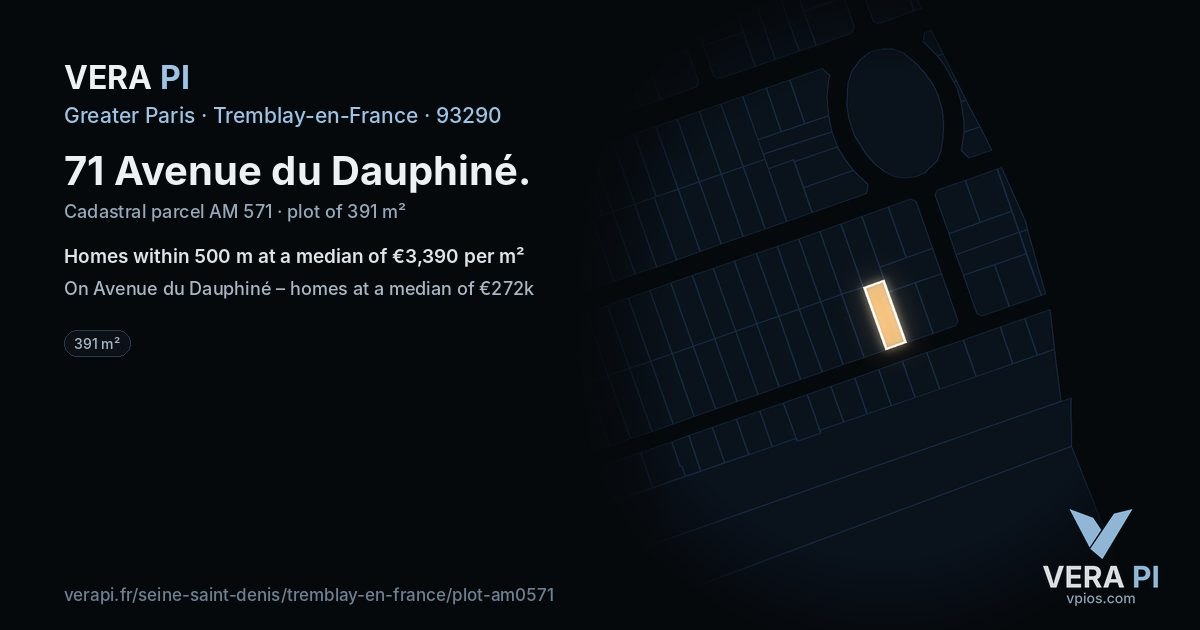 71 Avenue du Dauphiné, Tremblay-en-France at night – the plot lit, the parcels around coloured by the prices near them