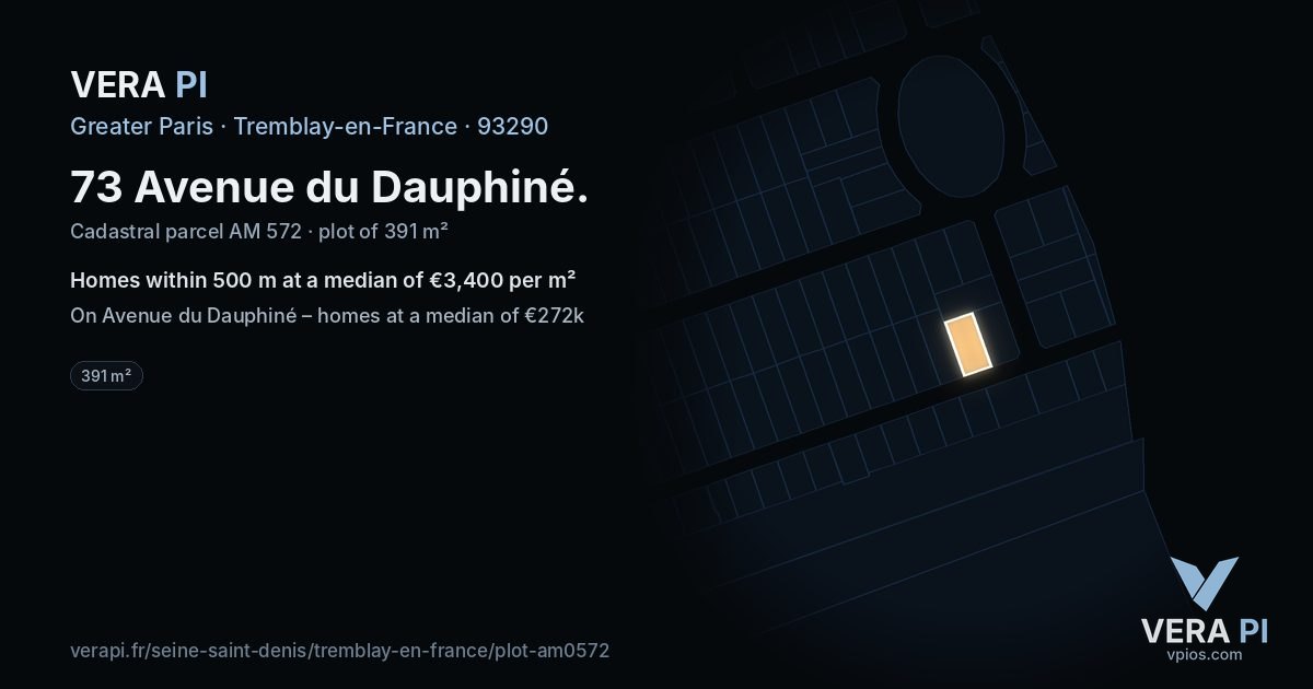 73 Avenue du Dauphiné, Tremblay-en-France at night – the plot lit, the parcels around coloured by the prices near them