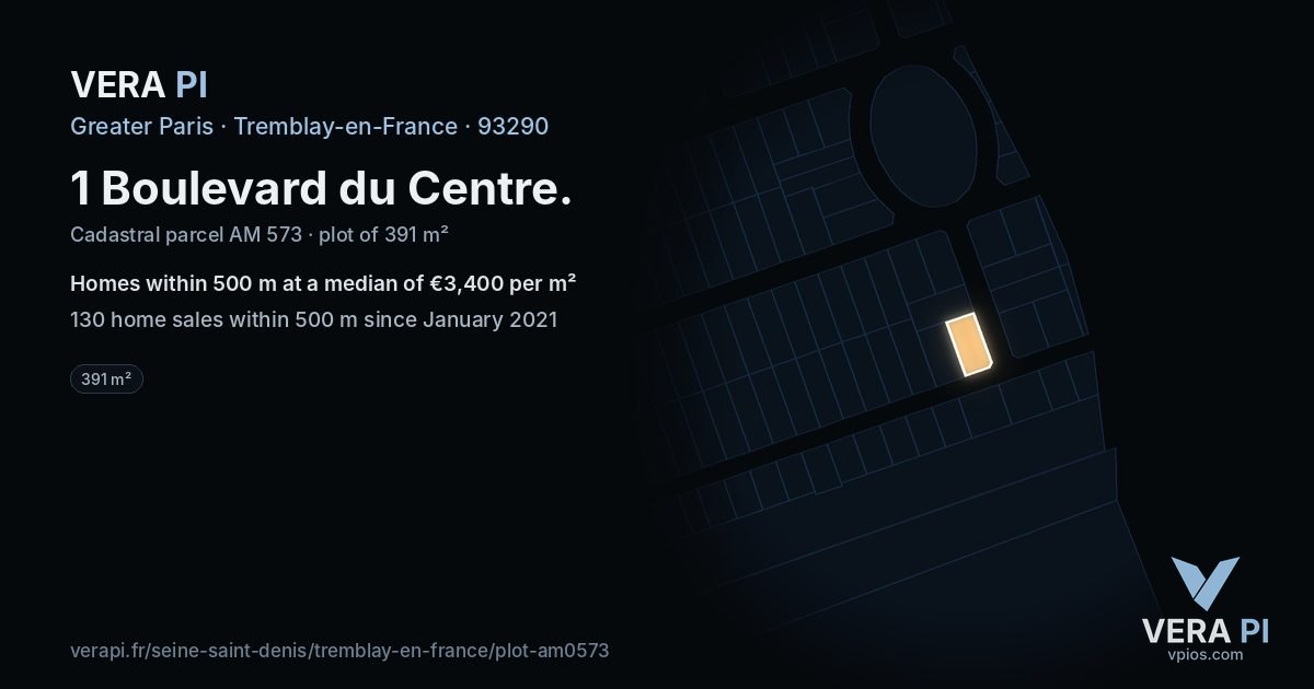 1 Boulevard du Centre, Tremblay-en-France at night – the plot lit, the parcels around coloured by the prices near them