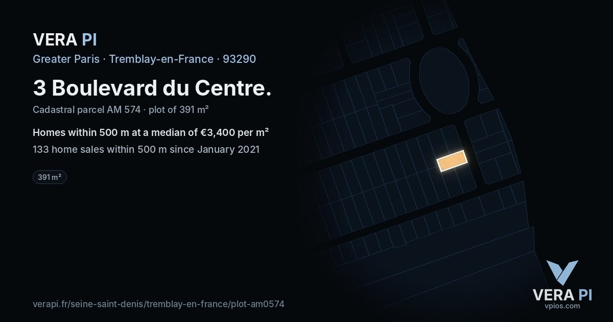 3 Boulevard du Centre, Tremblay-en-France at night – the plot lit, the parcels around coloured by the prices near them