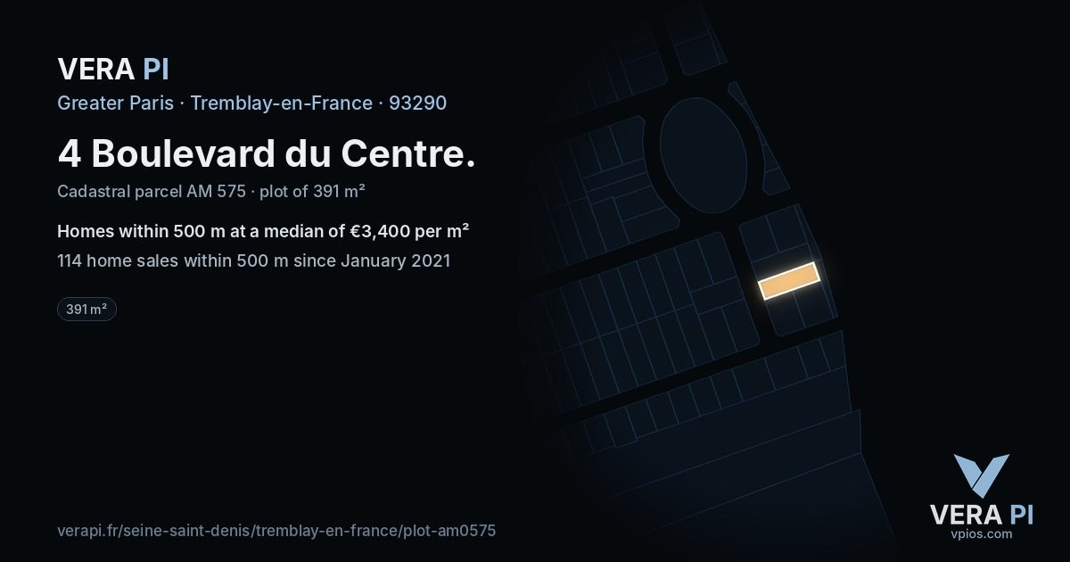 4 Boulevard du Centre, Tremblay-en-France at night – the plot lit, the parcels around coloured by the prices near them
