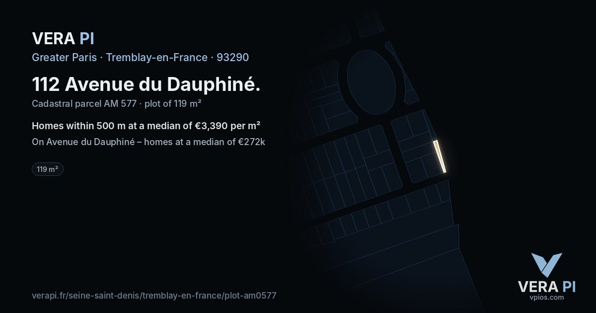 112 Avenue du Dauphiné, Tremblay-en-France at night – the plot lit, the parcels around coloured by the prices near them