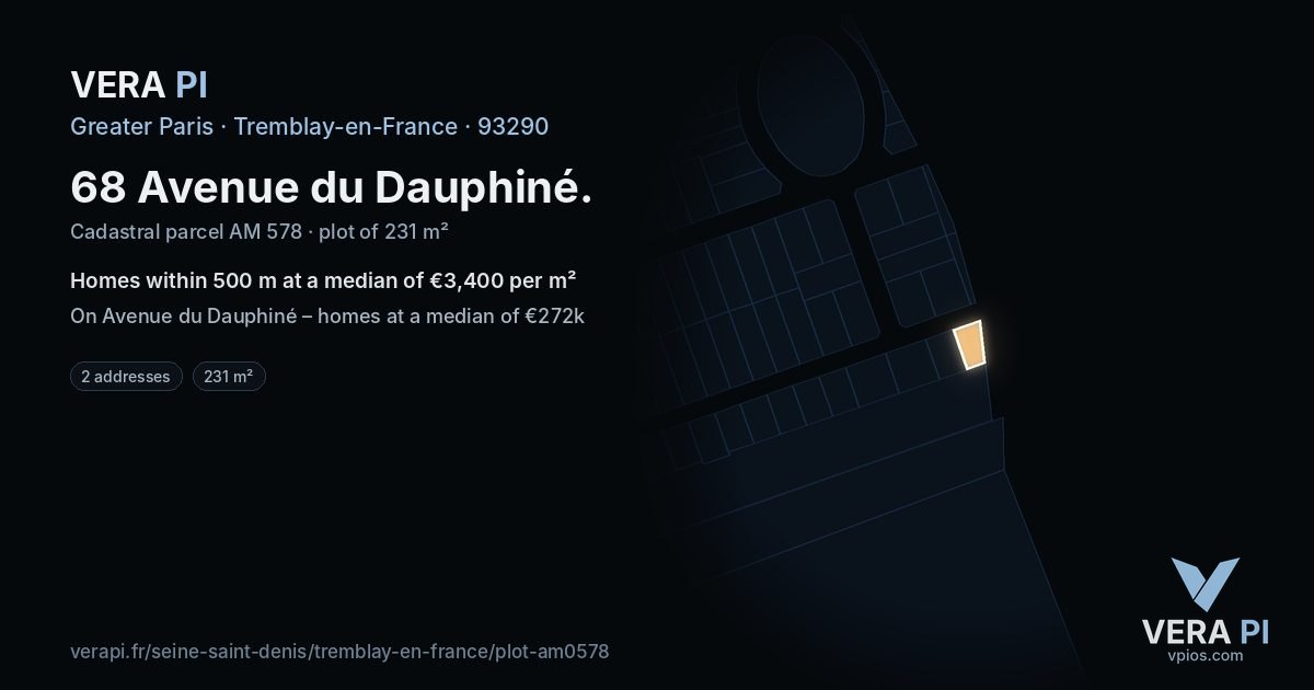 68 Avenue du Dauphiné, Tremblay-en-France at night – the plot lit, the parcels around coloured by the prices near them