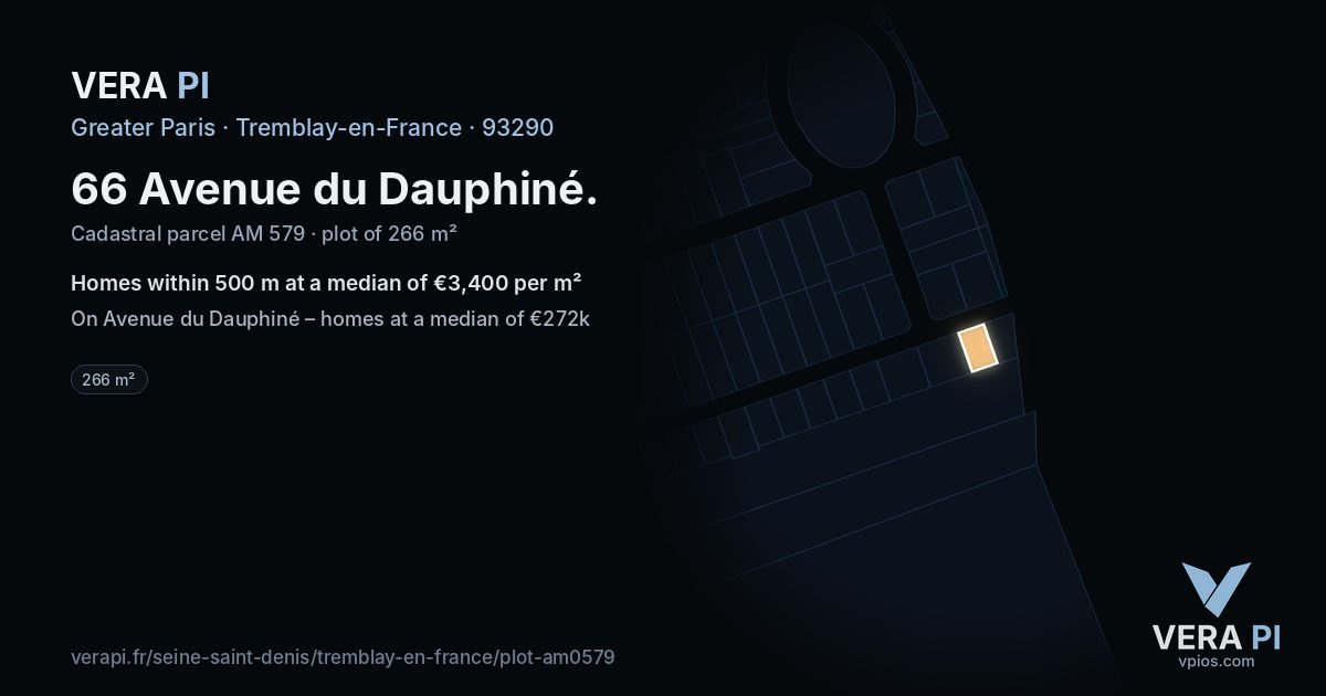 66 Avenue du Dauphiné, Tremblay-en-France at night – the plot lit, the parcels around coloured by the prices near them