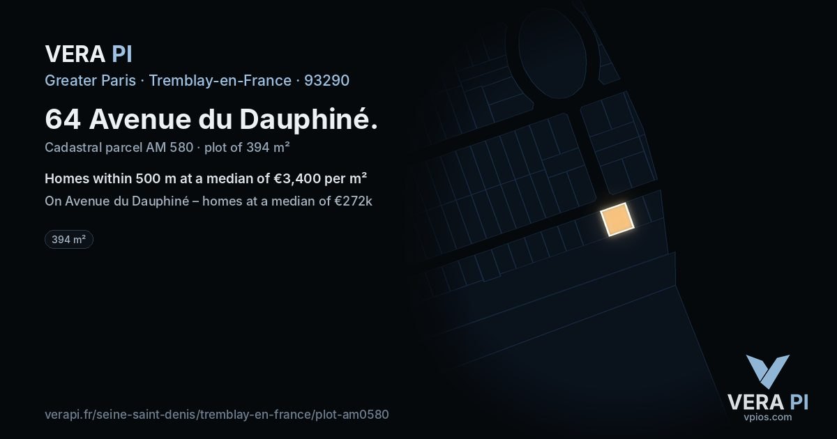 64 Avenue du Dauphiné, Tremblay-en-France at night – the plot lit, the parcels around coloured by the prices near them