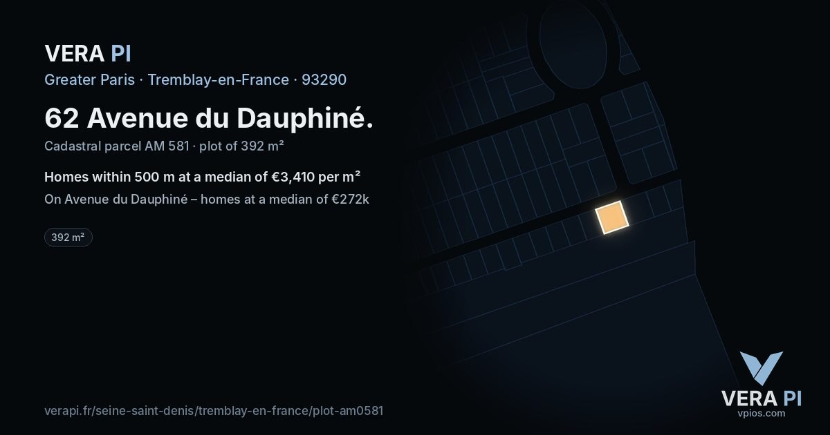 62 Avenue du Dauphiné, Tremblay-en-France at night – the plot lit, the parcels around coloured by the prices near them