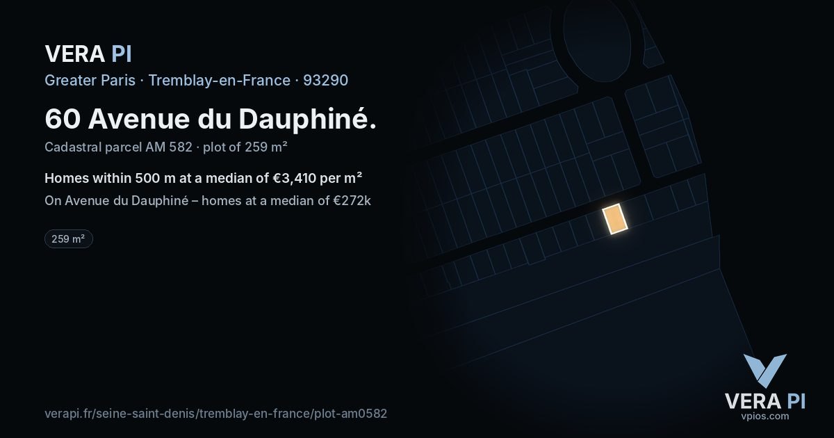 60 Avenue du Dauphiné, Tremblay-en-France at night – the plot lit, the parcels around coloured by the prices near them