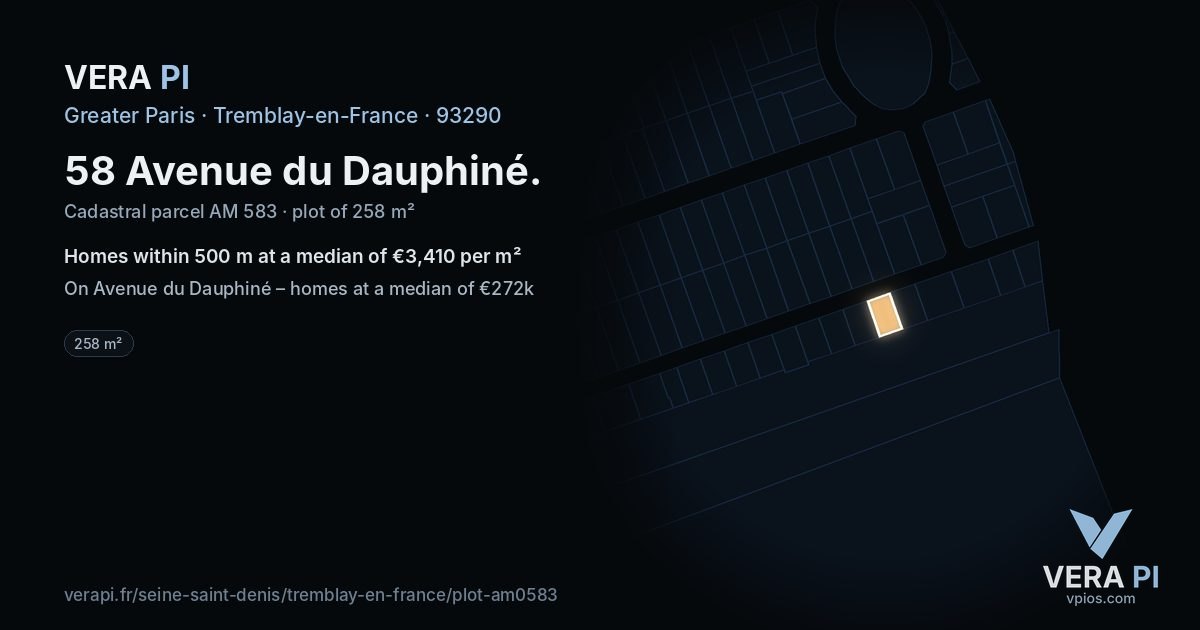 58 Avenue du Dauphiné, Tremblay-en-France at night – the plot lit, the parcels around coloured by the prices near them