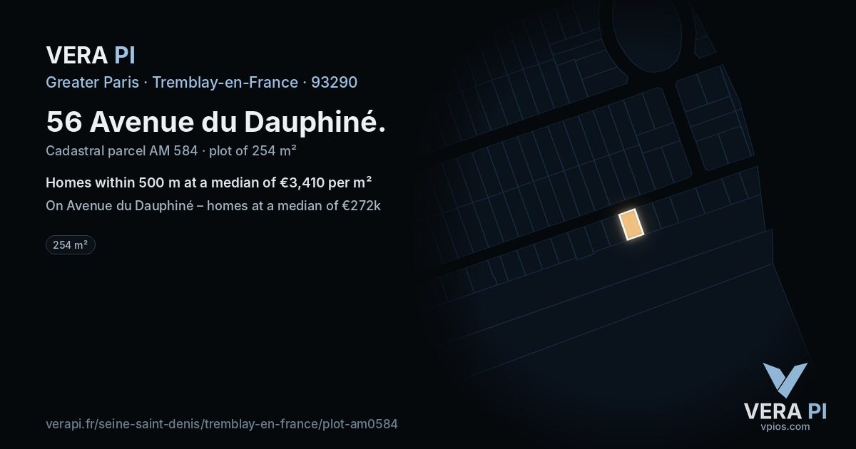 56 Avenue du Dauphiné, Tremblay-en-France at night – the plot lit, the parcels around coloured by the prices near them