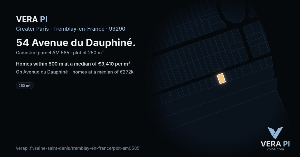 54 Avenue du Dauphiné, Tremblay-en-France at night – the plot lit, the parcels around coloured by the prices near them