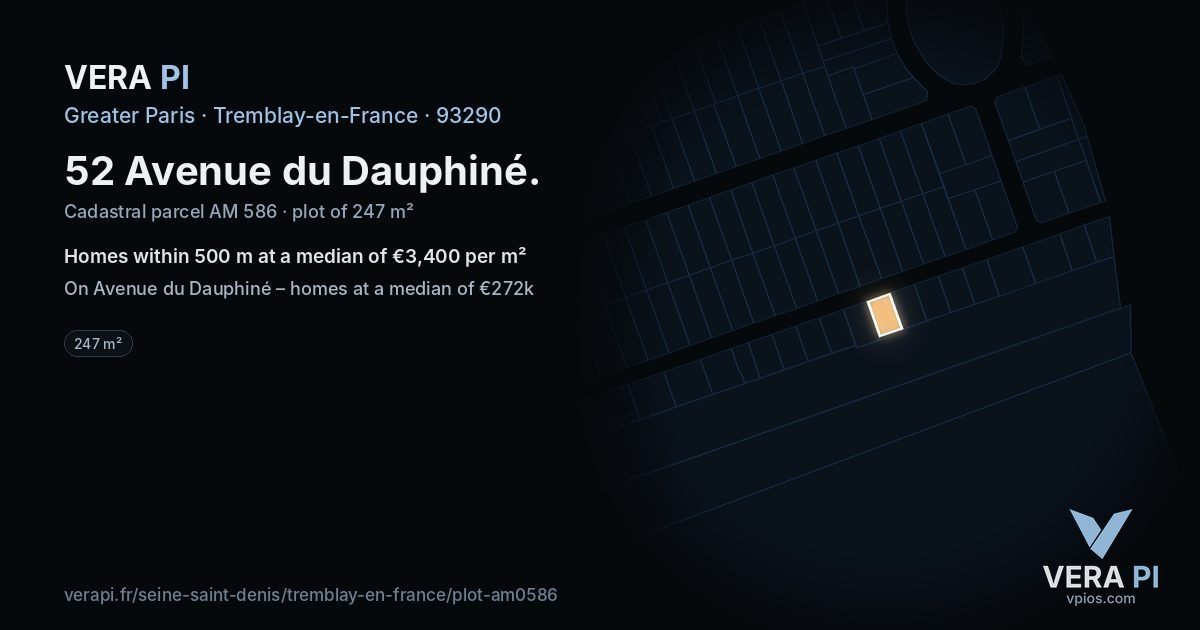 52 Avenue du Dauphiné, Tremblay-en-France at night – the plot lit, the parcels around coloured by the prices near them