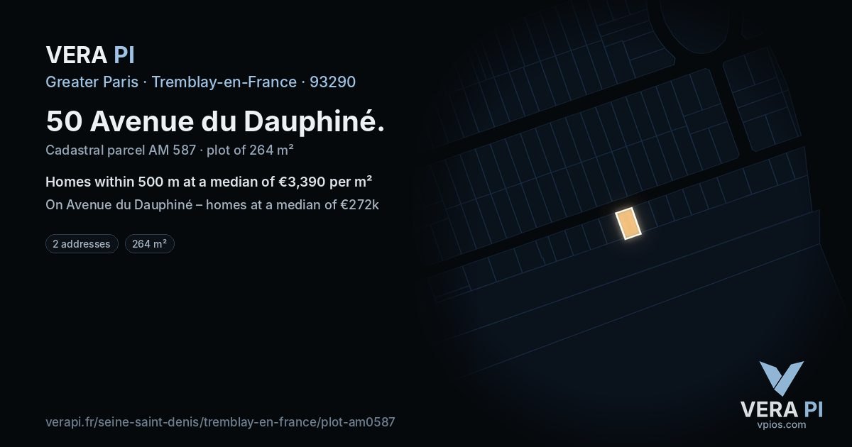 50 Avenue du Dauphiné, Tremblay-en-France at night – the plot lit, the parcels around coloured by the prices near them