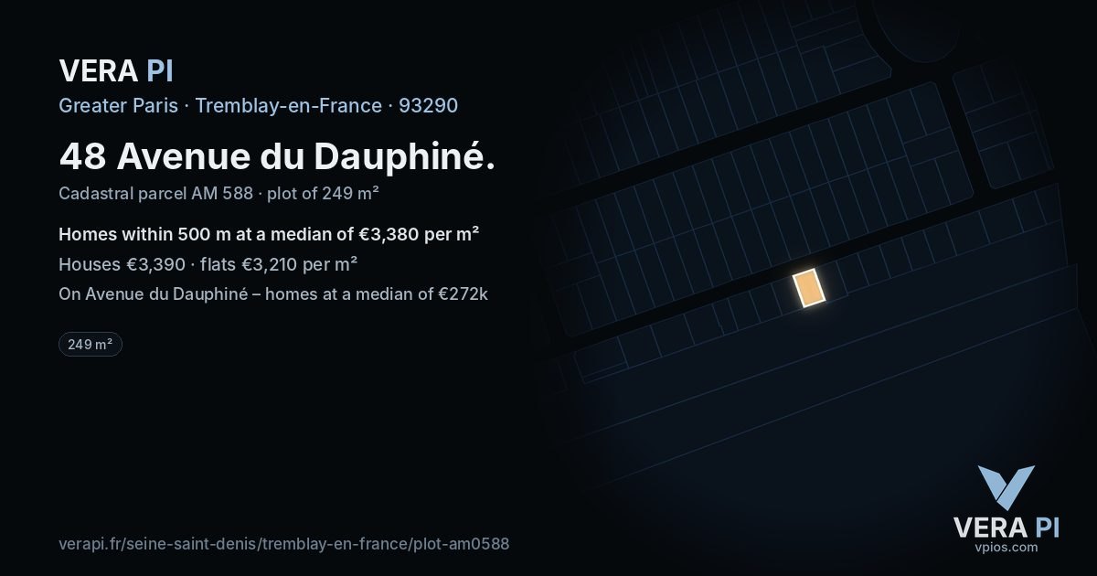 48 Avenue du Dauphiné, Tremblay-en-France at night – the plot lit, the parcels around coloured by the prices near them